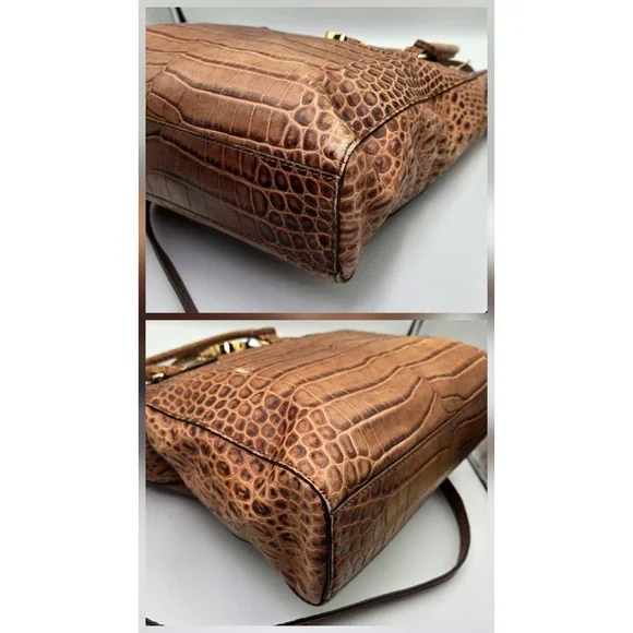 Michael‎ Kors Crocodile Embossed Leather Tote Shoulder Bag Brown Gold Lock Key - Picture 3 of 12